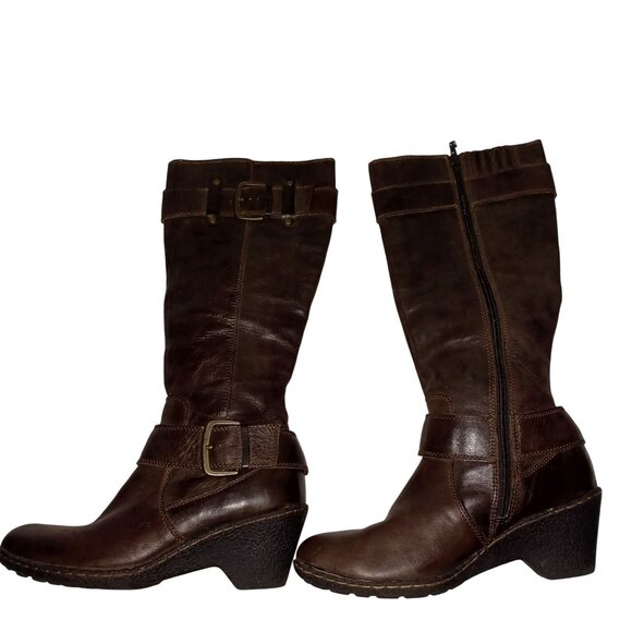 B.O.C. Brown Leather Buckle Zip Chunky Block Wedge Heel Boots Womens Size 9 - Picture 3 of 15